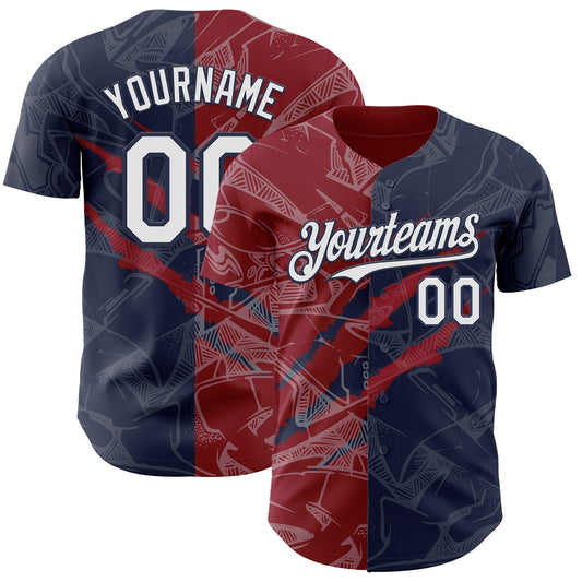 Custom Graffiti Pattern White Navy-Crimson 3D Scratch Authentic Baseball Jersey