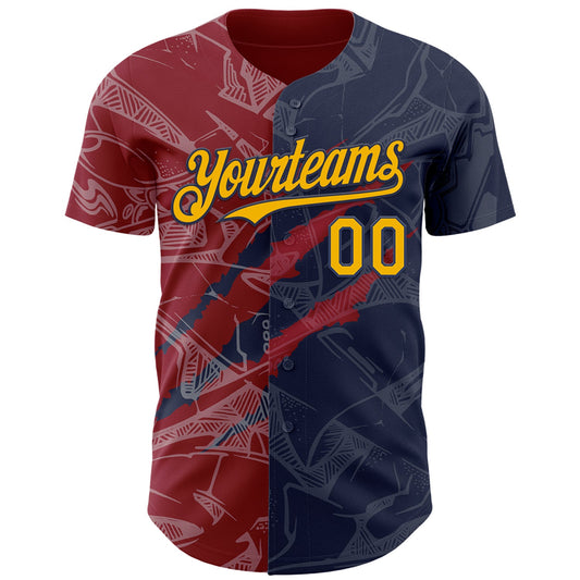 Custom Graffiti Pattern Gold Navy-Crimson 3D Scratch Authentic Baseball Jersey