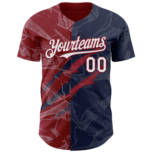 Custom Graffiti Pattern White Navy-Crimson 3D Scratch Authentic Baseball Jersey