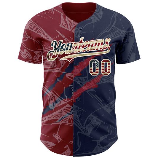 Custom Graffiti Pattern Vintage USA Flag Navy Crimson-Cream 3D Scratch Authentic Baseball Jersey