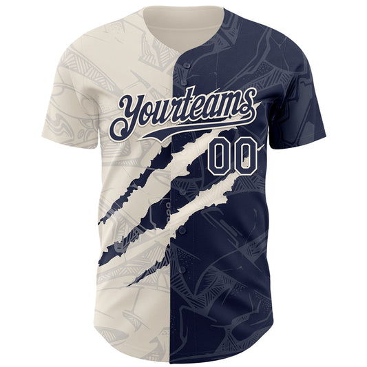 Custom Graffiti Pattern Navy-Cream 3D Scratch Authentic Baseball Jersey