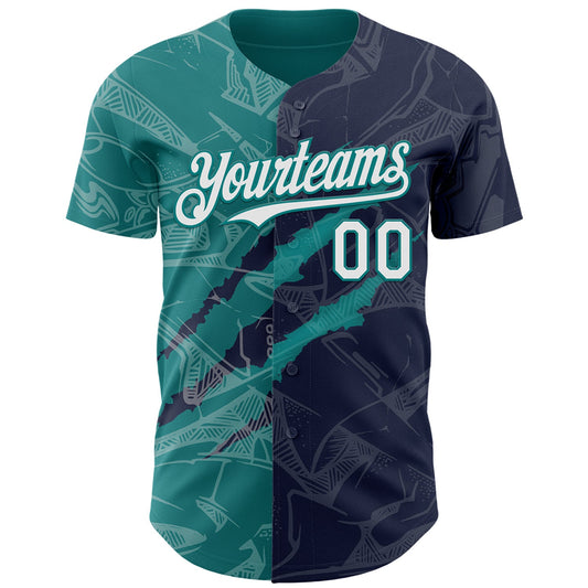 Custom Graffiti Pattern White Navy-Teal 3D Scratch Authentic Baseball Jersey