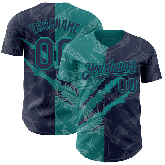 Custom Graffiti Pattern Navy-Teal 3D Scratch Authentic Baseball Jersey