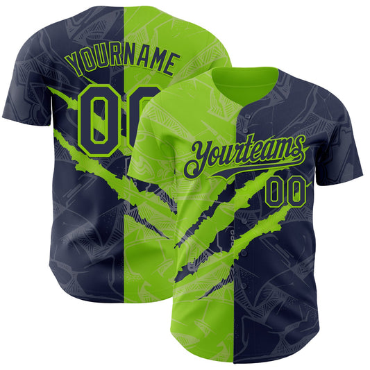 Custom Graffiti Pattern Navy-Neon Green 3D Scratch Authentic Baseball Jersey