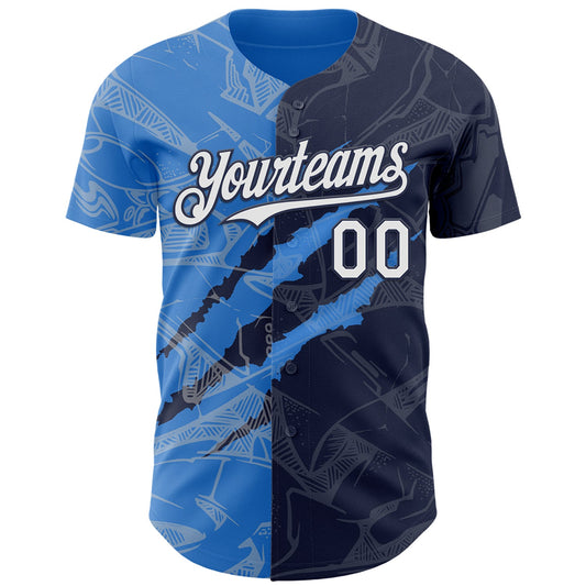 Custom Graffiti Pattern White Navy-Electric Blue 3D Scratch Authentic Baseball Jersey