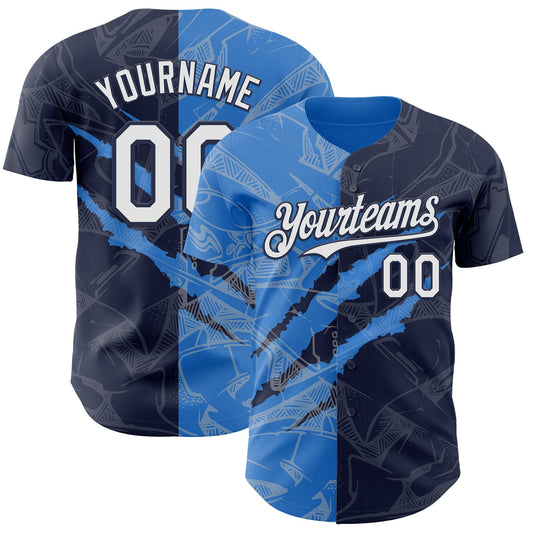 Custom Graffiti Pattern White Navy-Electric Blue 3D Scratch Authentic Baseball Jersey