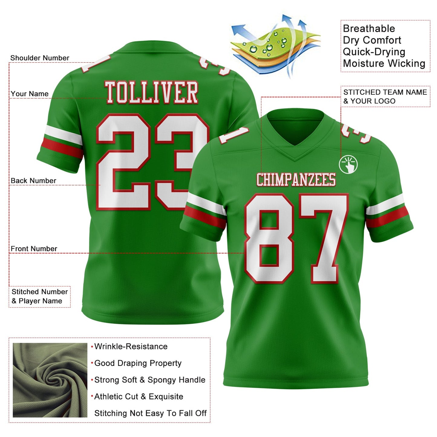 Custom Grass Green White-Red Mesh Authentic Football Jersey