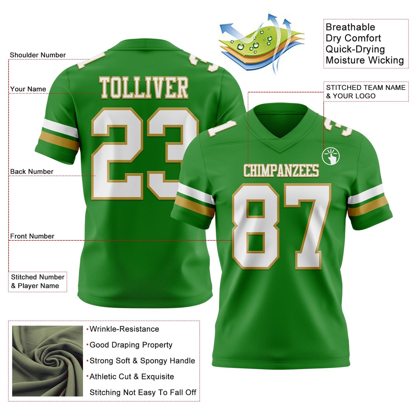 Custom Grass Green White-Old Gold Mesh Authentic Football Jersey