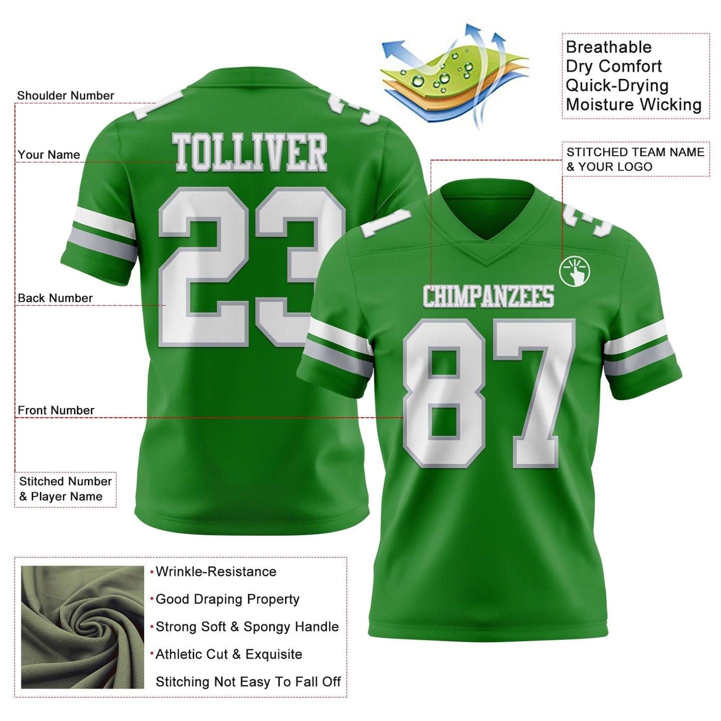 Custom Grass Green White-Gray Mesh Authentic Football Jersey