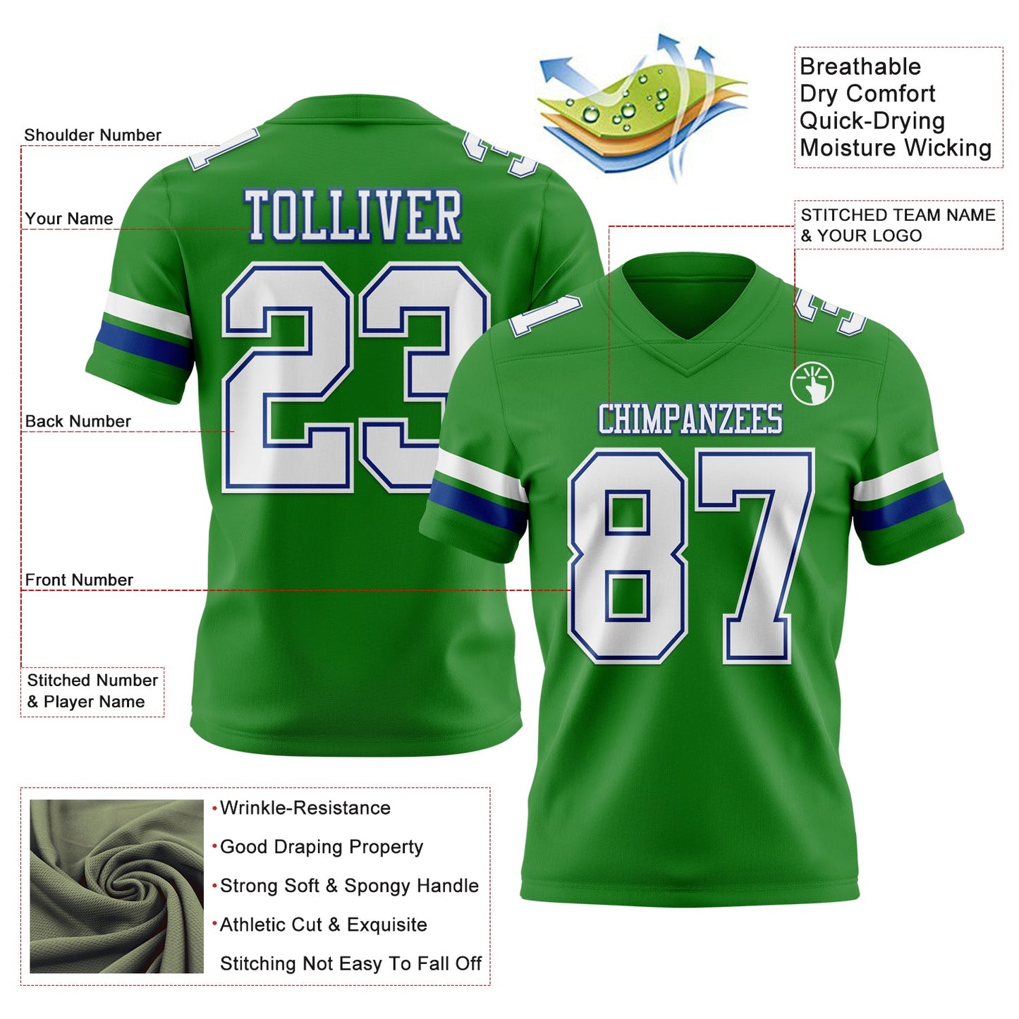 Custom Grass Green White-Royal Mesh Authentic Football Jersey