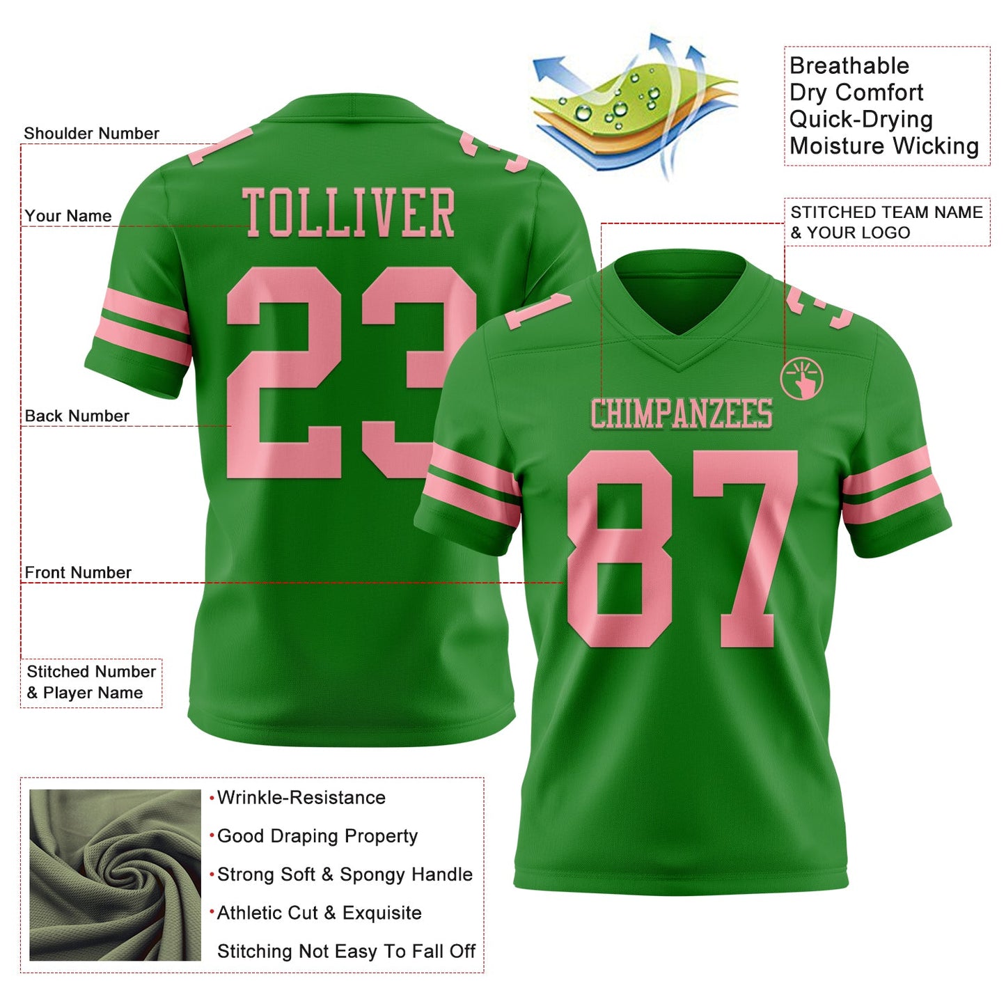 Custom Grass Green Medium Pink Mesh Authentic Football Jersey