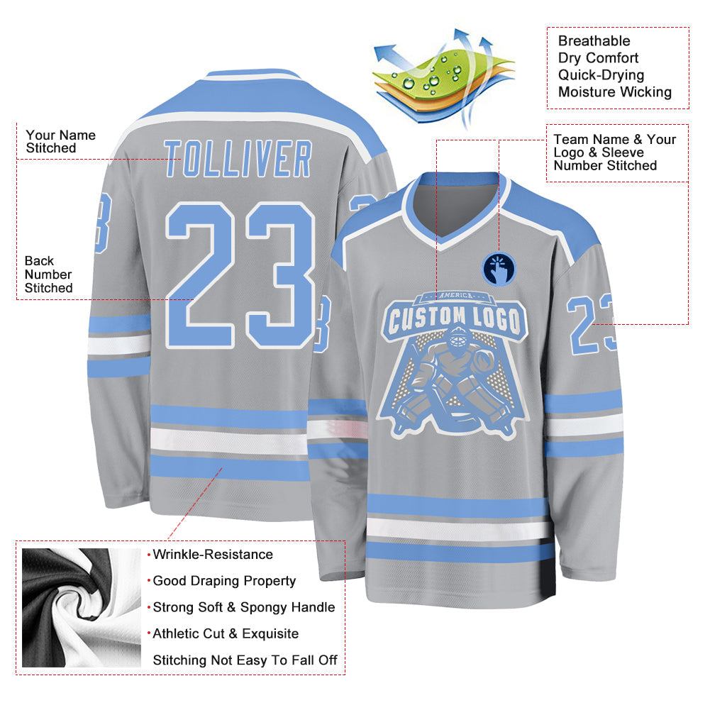 Custom Gray Light Blue-White Hockey Jersey