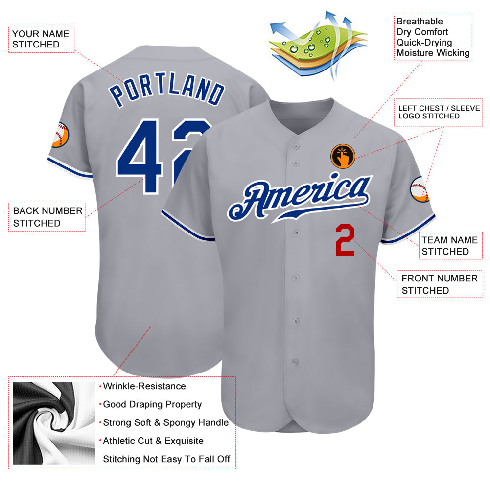Custom Gray Royal-Red Authentic Baseball Jersey