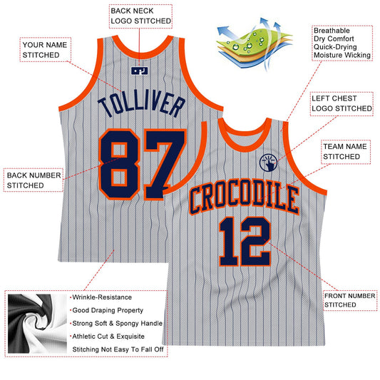 Custom Gray Navy Pinstripe Navy-Orange Authentic Basketball Jersey