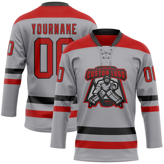 Custom Gray Red-Black Hockey Lace Neck Jersey