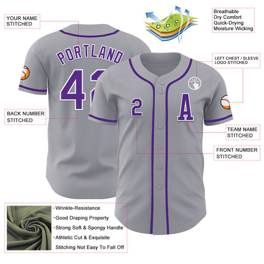 Custom Gray Purple-White Authentic Baseball Jersey