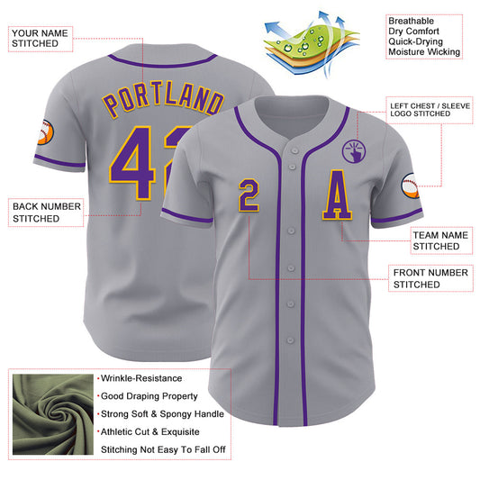 Custom Gray Purple-Gold Authentic Baseball Jersey