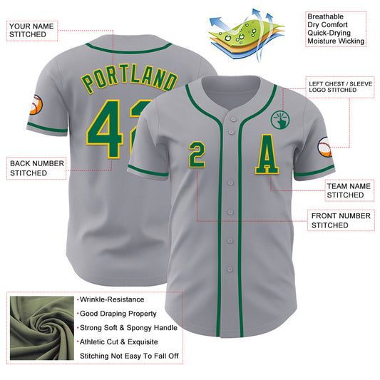 Custom Gray Kelly Green-Gold Authentic Baseball Jersey