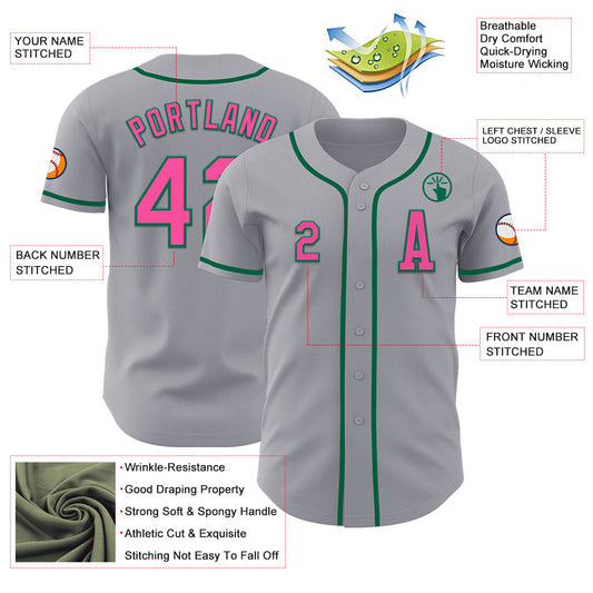 Custom Gray Pink-Kelly Green Authentic Baseball Jersey