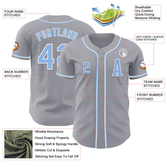 Custom Gray Light Blue-White Authentic Baseball Jersey