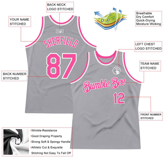 Custom Gray Pink-White Authentic Throwback Basketball Jersey