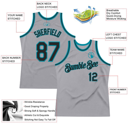 Custom Gray Black-Teal Authentic Throwback Basketball Jersey