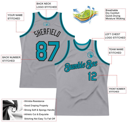 Custom Gray Teal-Black Authentic Throwback Basketball Jersey