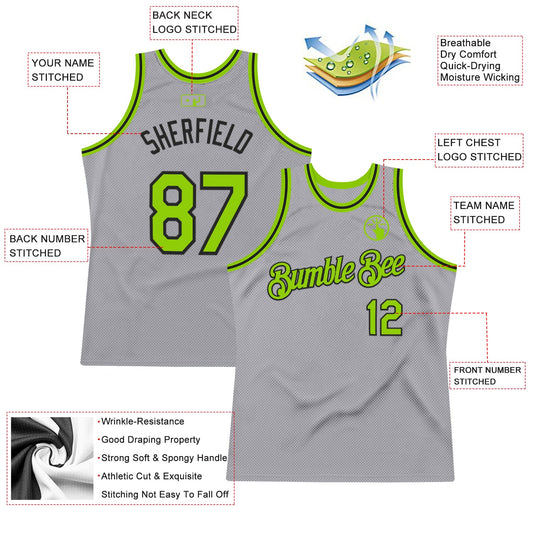 Custom Gray Neon Green-Black Authentic Throwback Basketball Jersey