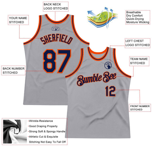 Custom Gray Navy-Orange Authentic Throwback Basketball Jersey