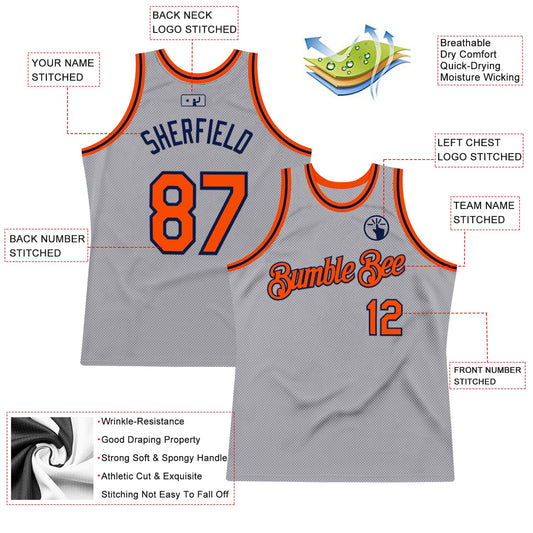 Custom Gray Orange-Navy Authentic Throwback Basketball Jersey
