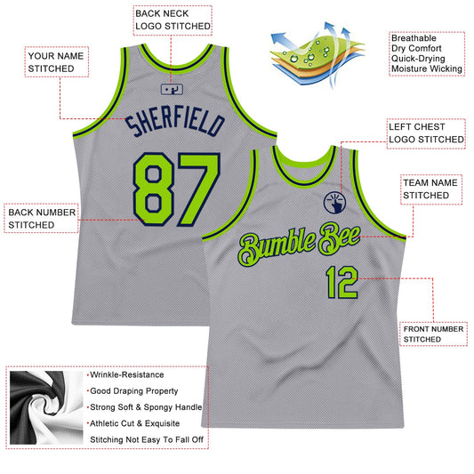 Custom Gray Neon Green-Navy Authentic Throwback Basketball Jersey