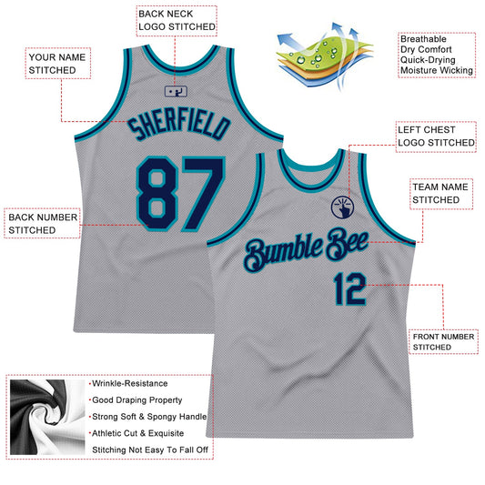 Custom Gray Navy-Teal Authentic Throwback Basketball Jersey