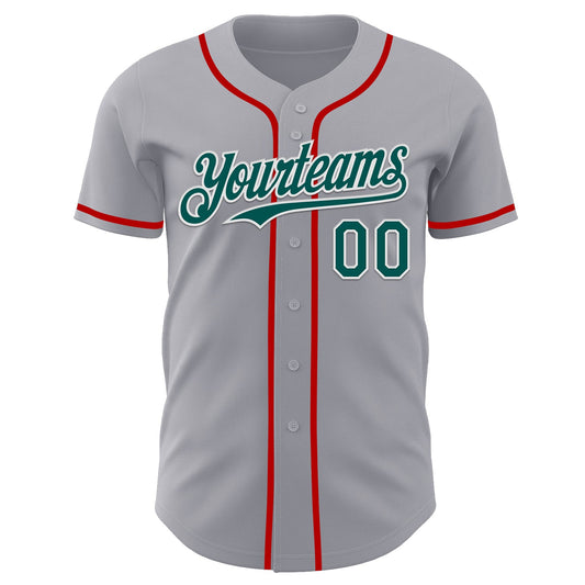 Custom Gray Midnight Green White-Red Authentic Baseball Jersey