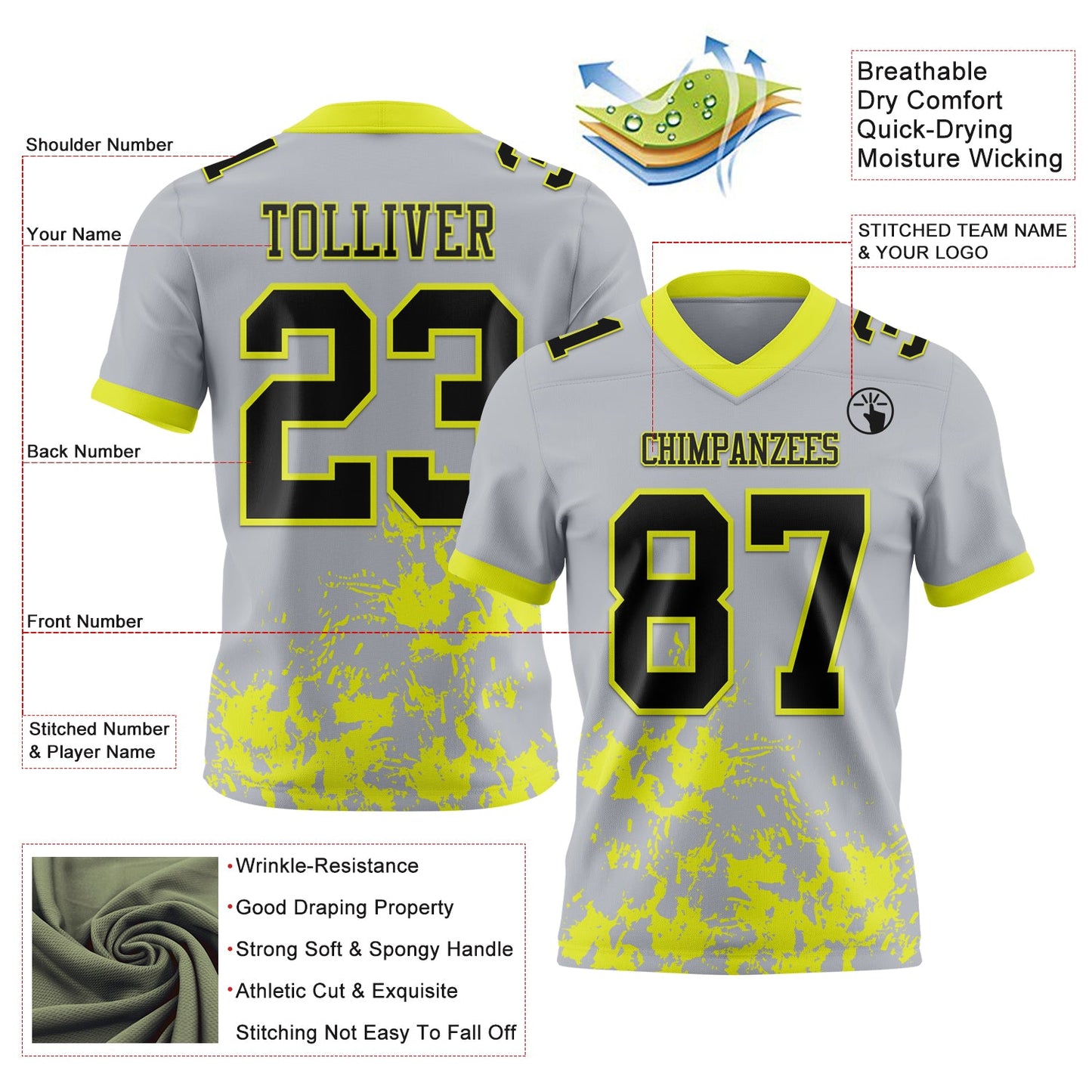 Custom Gray Black-Neon Yellow Splash Mesh Authentic Football Jersey