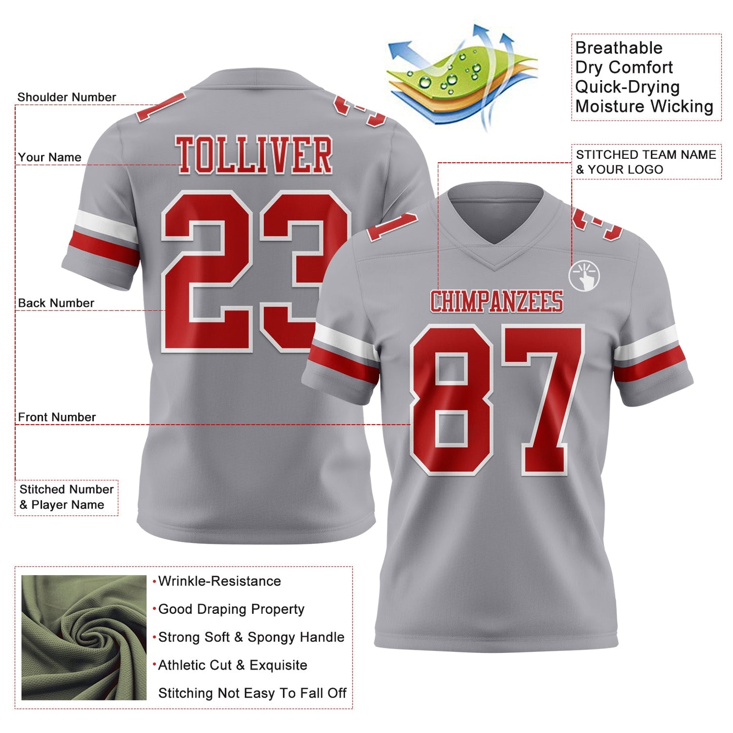 Custom Gray Red-White Mesh Authentic Football Jersey