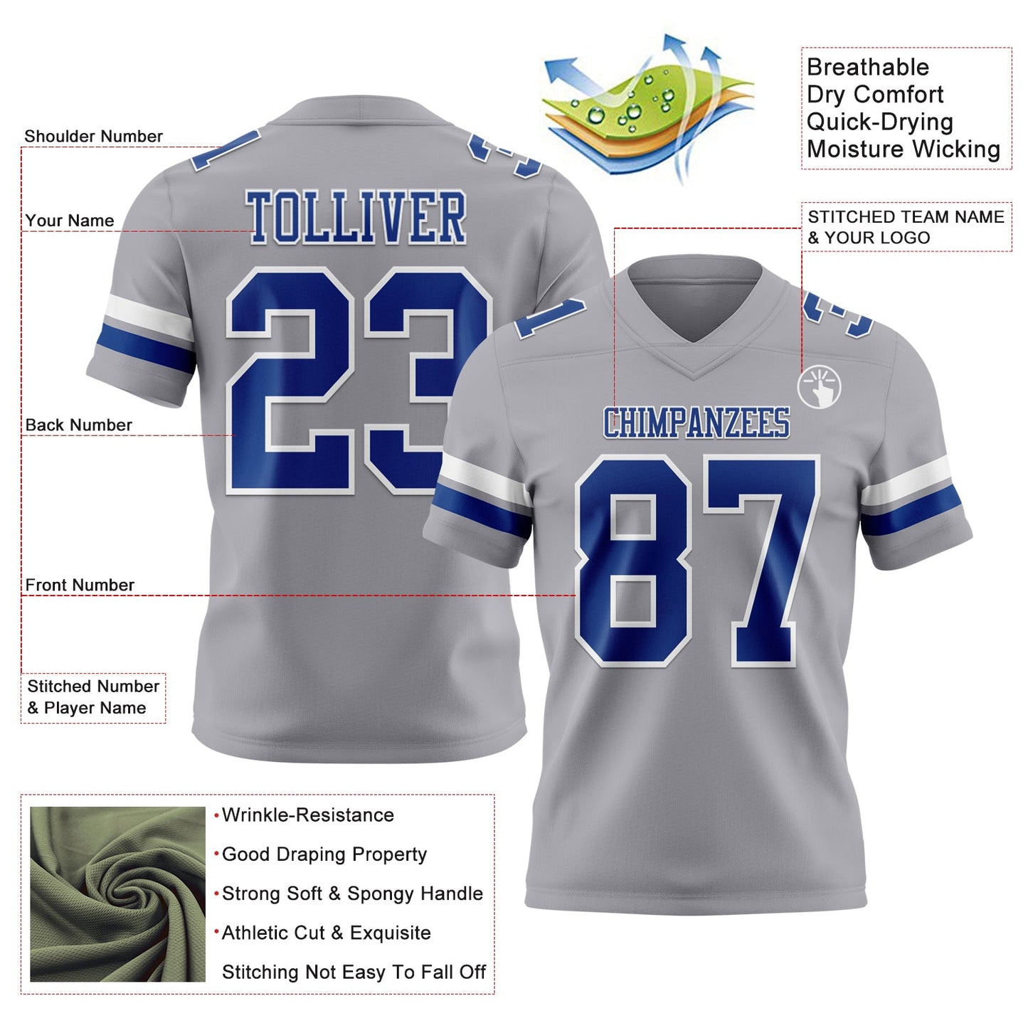 Custom Gray Royal-White Mesh Authentic Football Jersey