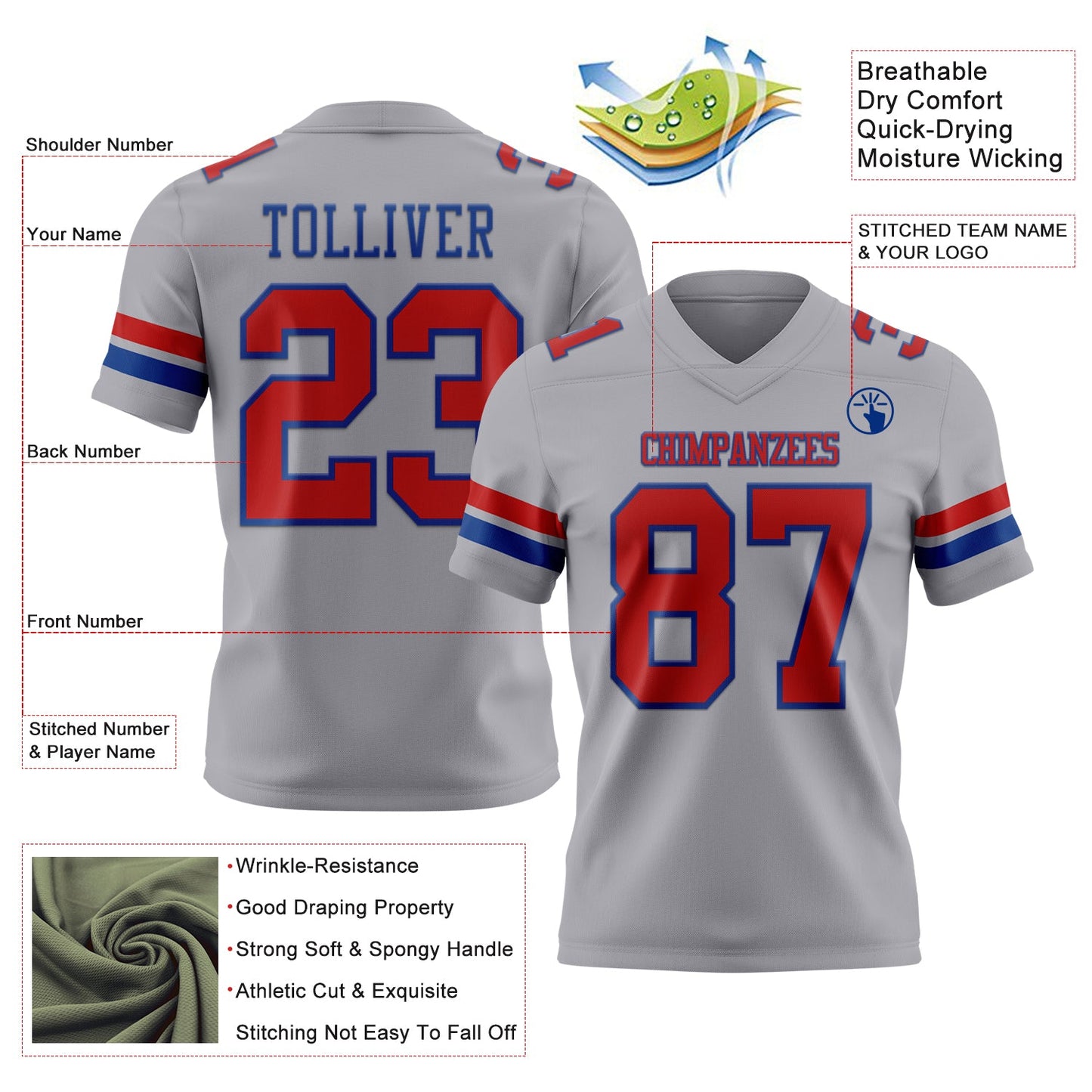 Custom Gray Red-Royal Mesh Authentic Football Jersey