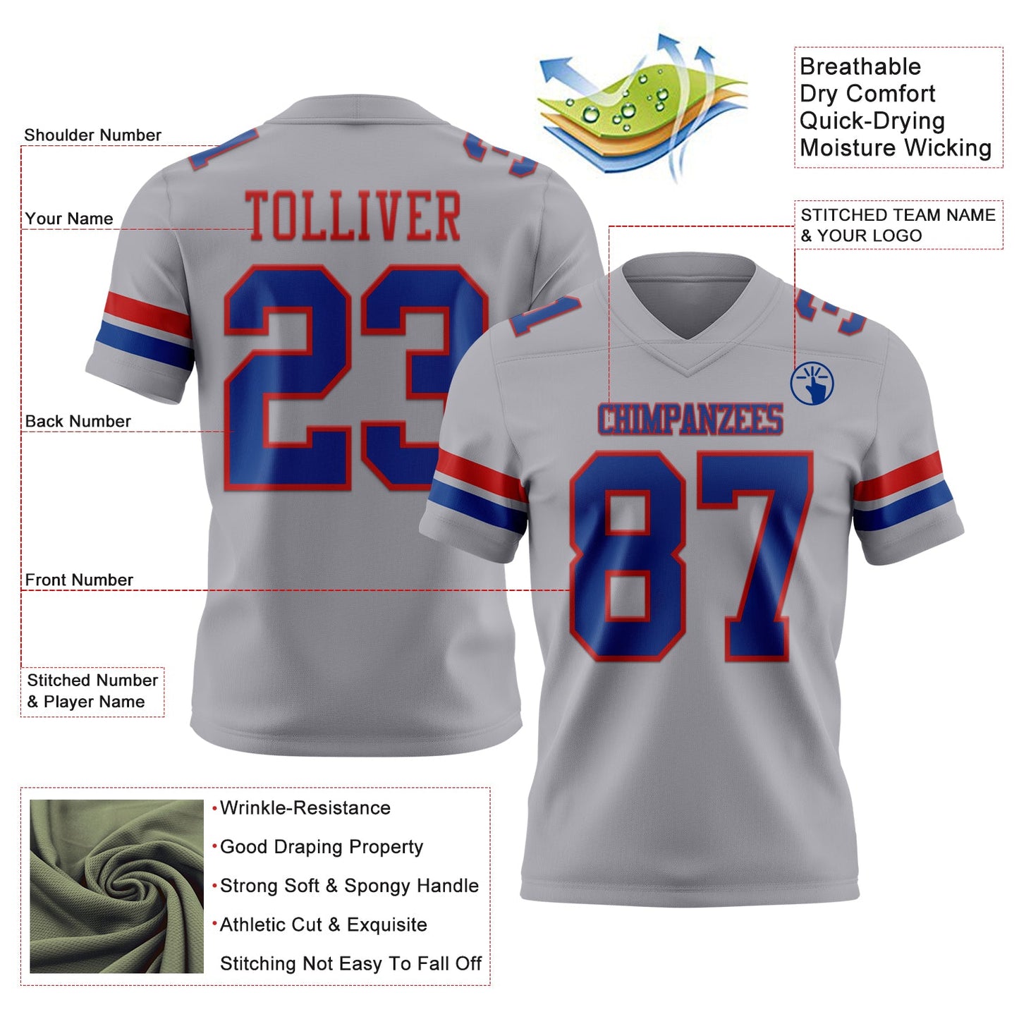Custom Gray Royal-Red Mesh Authentic Football Jersey