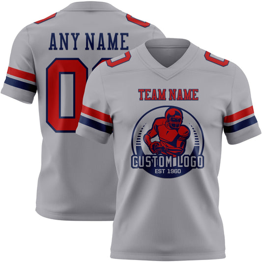 Custom Gray Red-Navy Mesh Authentic Football Jersey