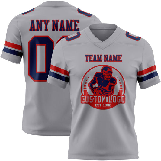 Custom Gray Navy-Red Mesh Authentic Football Jersey