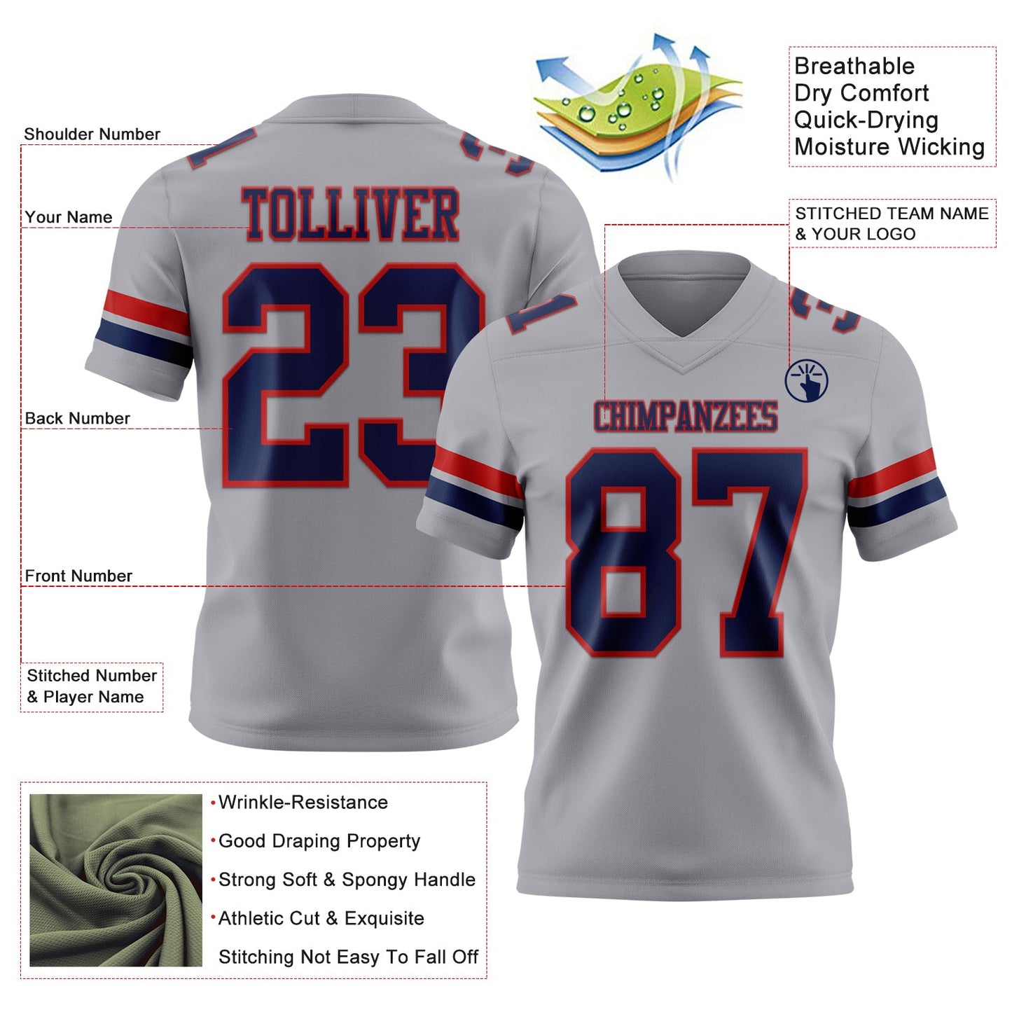 Custom Gray Navy-Red Mesh Authentic Football Jersey