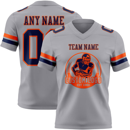 Custom Gray Navy-Orange Mesh Authentic Football Jersey