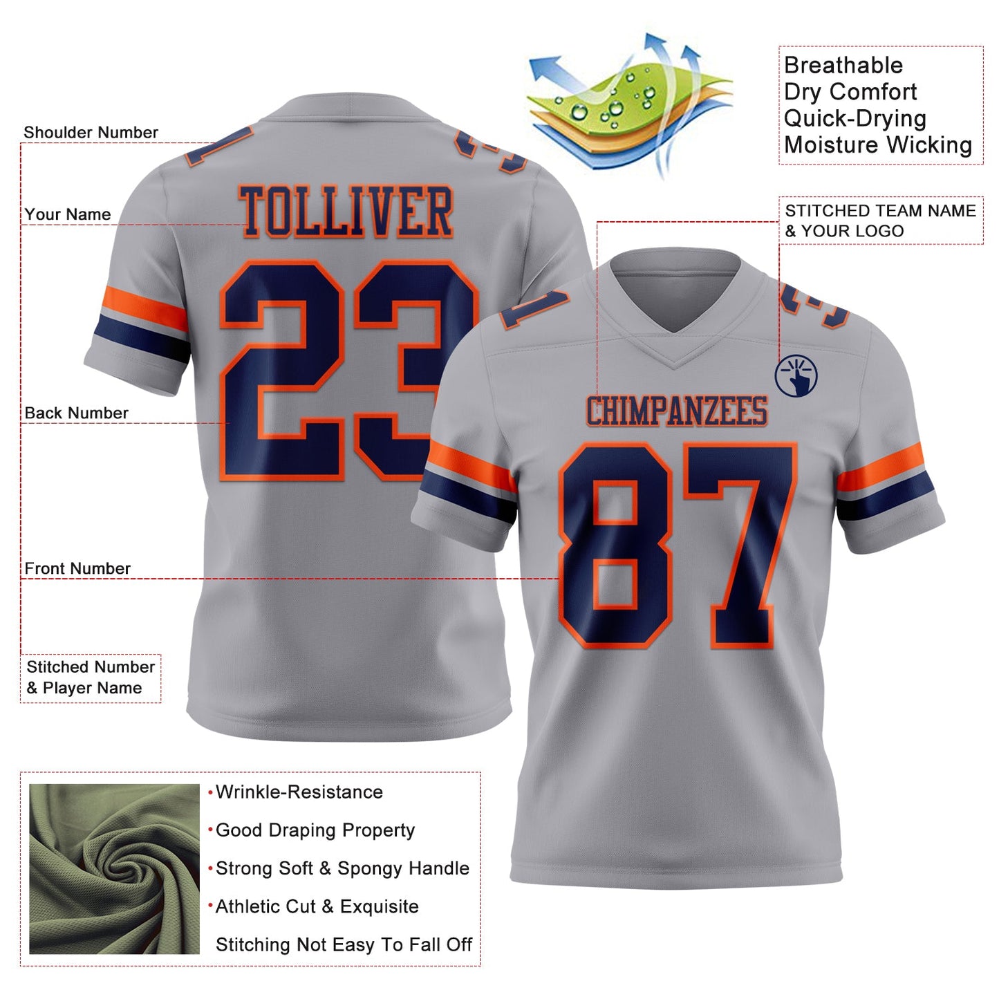 Custom Gray Navy-Orange Mesh Authentic Football Jersey