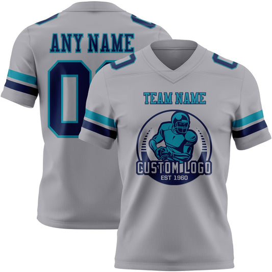 Custom Gray Navy-Teal Mesh Authentic Football Jersey