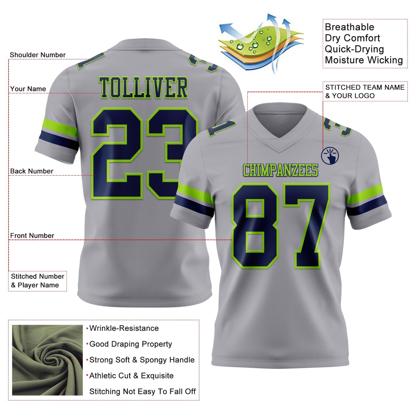 Custom Gray Navy-Neon Green Mesh Authentic Football Jersey