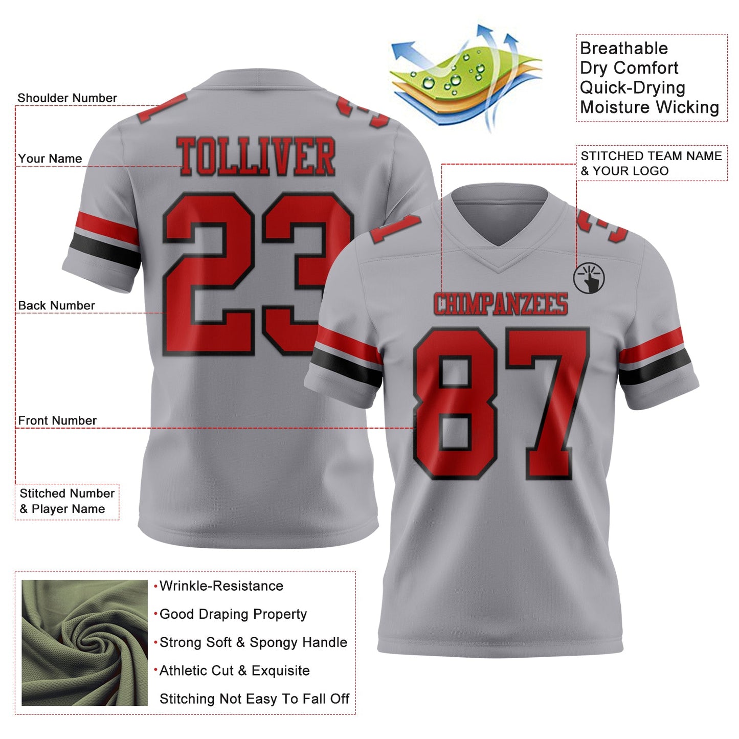 Custom Gray Red-Black Mesh Authentic Football Jersey