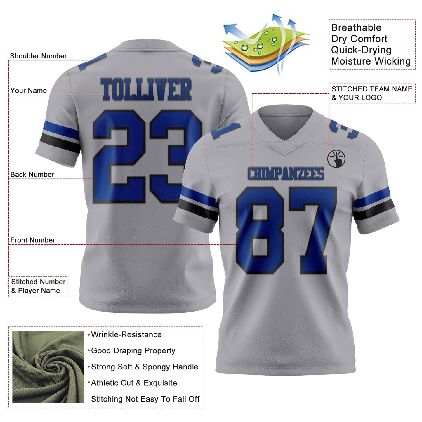 Custom Gray Royal-Black Mesh Authentic Football Jersey