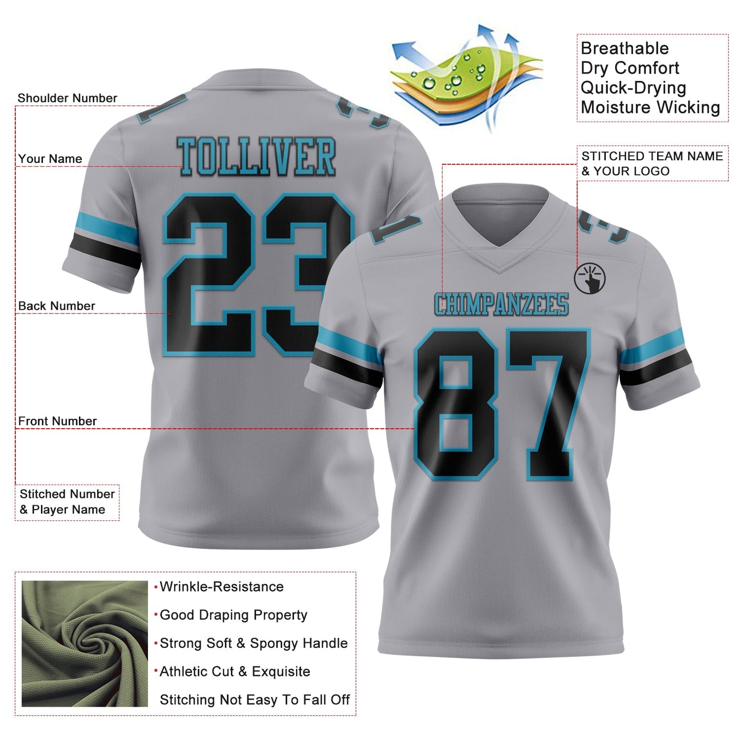 Custom Gray Black-Panther Blue Mesh Authentic Football Jersey