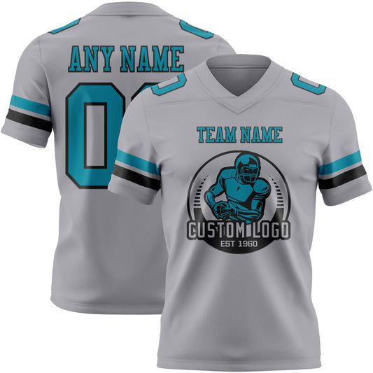 Custom Gray Teal-Black Mesh Authentic Football Jersey