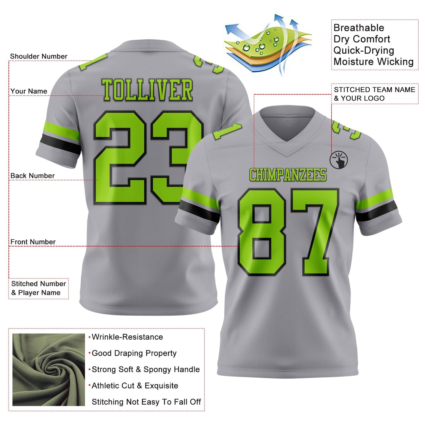 Custom Gray Neon Green-Black Mesh Authentic Football Jersey